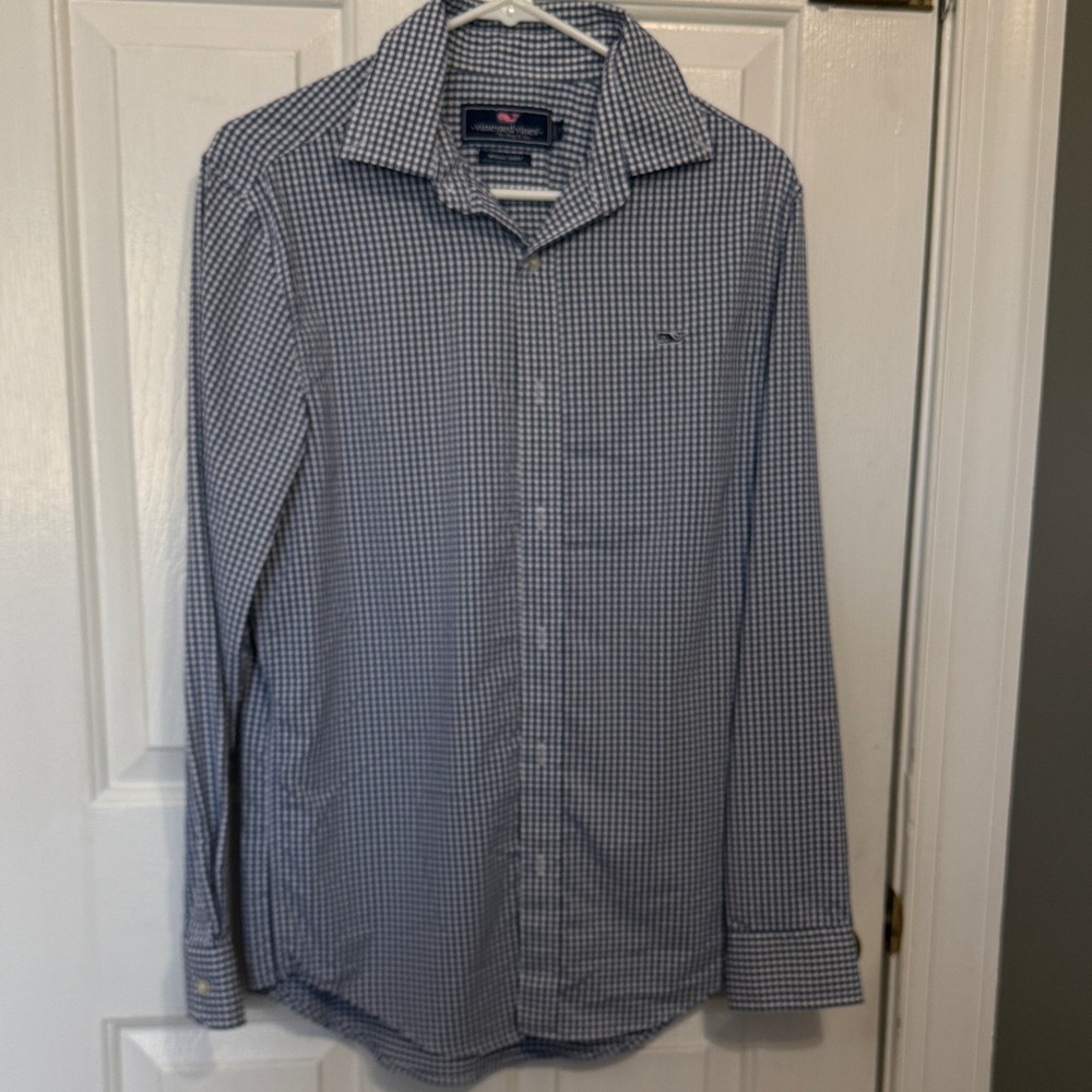 Vineyard Vines Men's Blue and White Gingham Dress Shirt